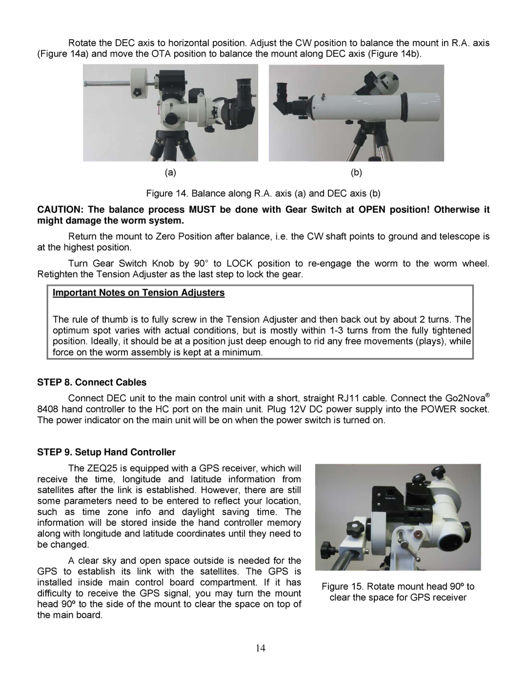 iOptron ZEQ25GT instruction manual Important Notes on Tension Adjusters, Connect Cables, Setup Hand Controller 