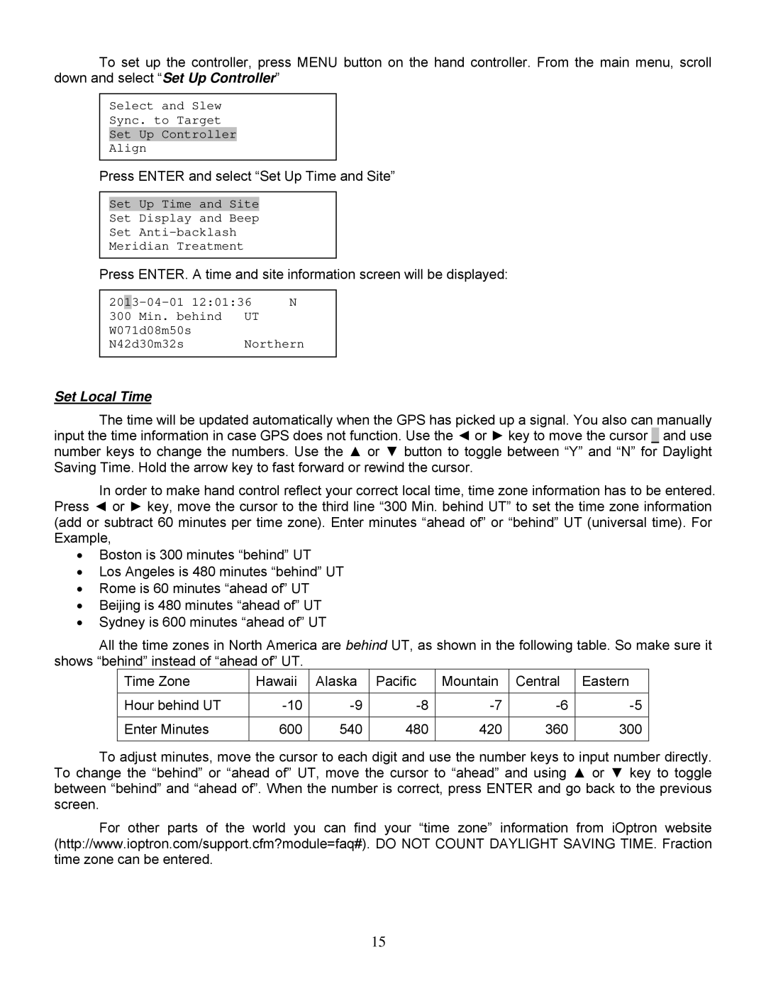 iOptron ZEQ25GT instruction manual Set Local Time 