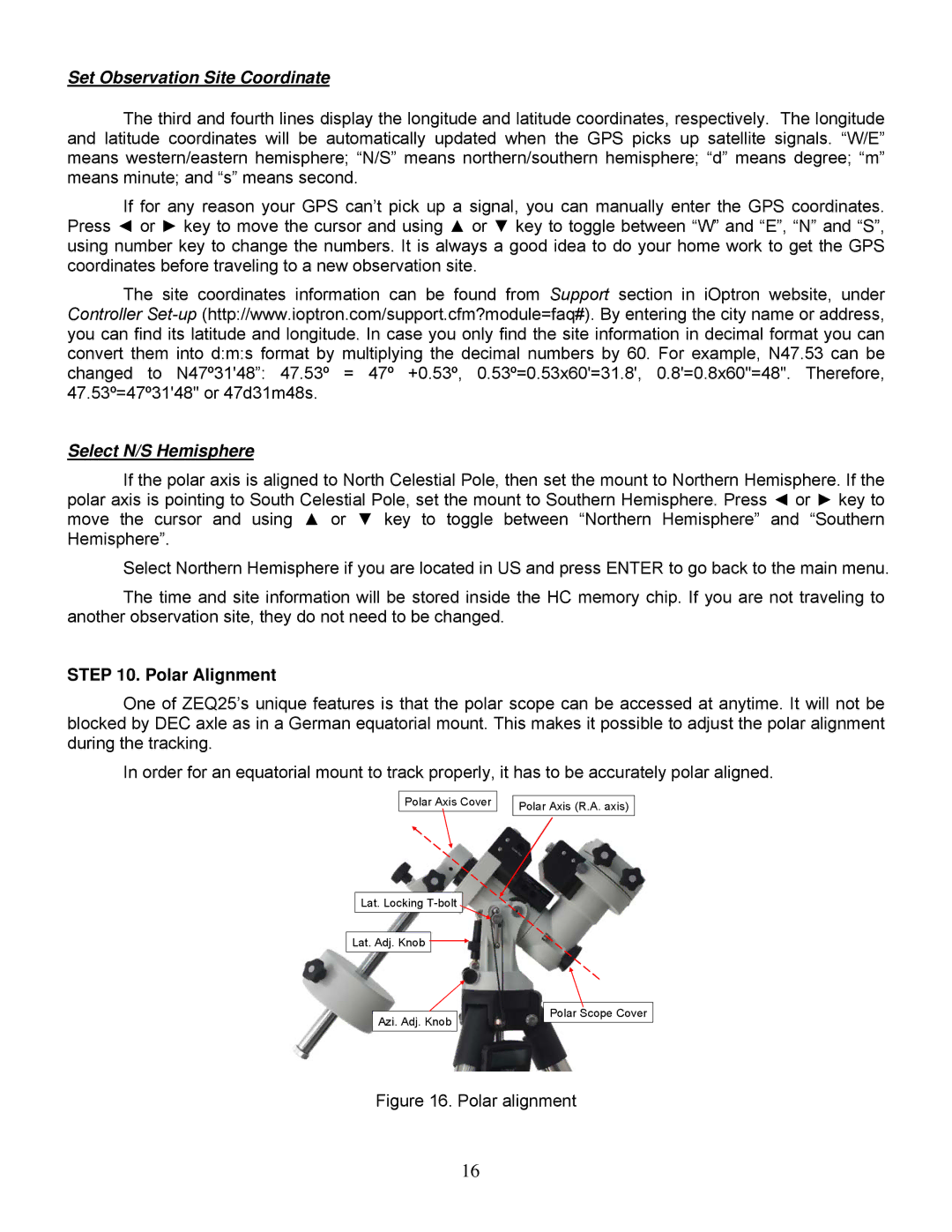 iOptron ZEQ25GT instruction manual Set Observation Site Coordinate, Polar Alignment 