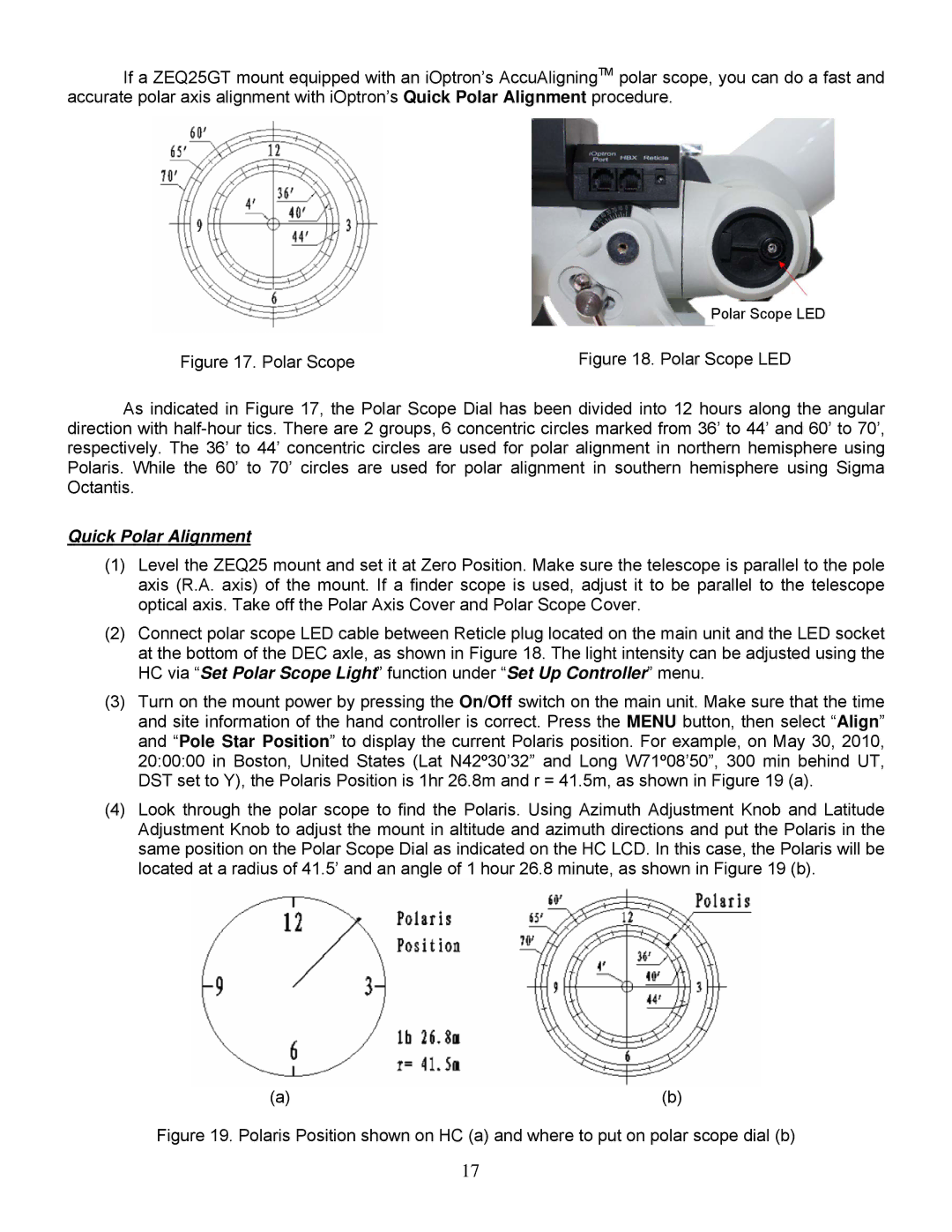 iOptron ZEQ25GT instruction manual Quick Polar Alignment 