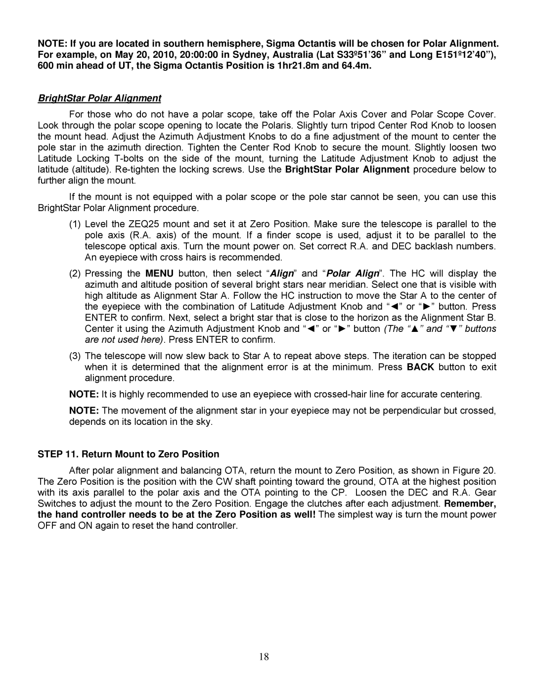 iOptron ZEQ25GT instruction manual BrightStar Polar Alignment, Return Mount to Zero Position 