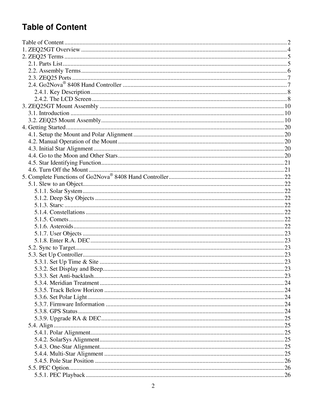 iOptron ZEQ25GT instruction manual Table of Content 