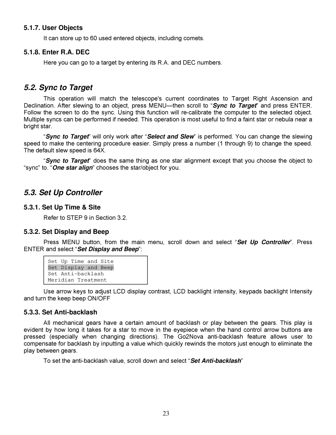 iOptron ZEQ25GT instruction manual Sync to Target, Set Up Controller 