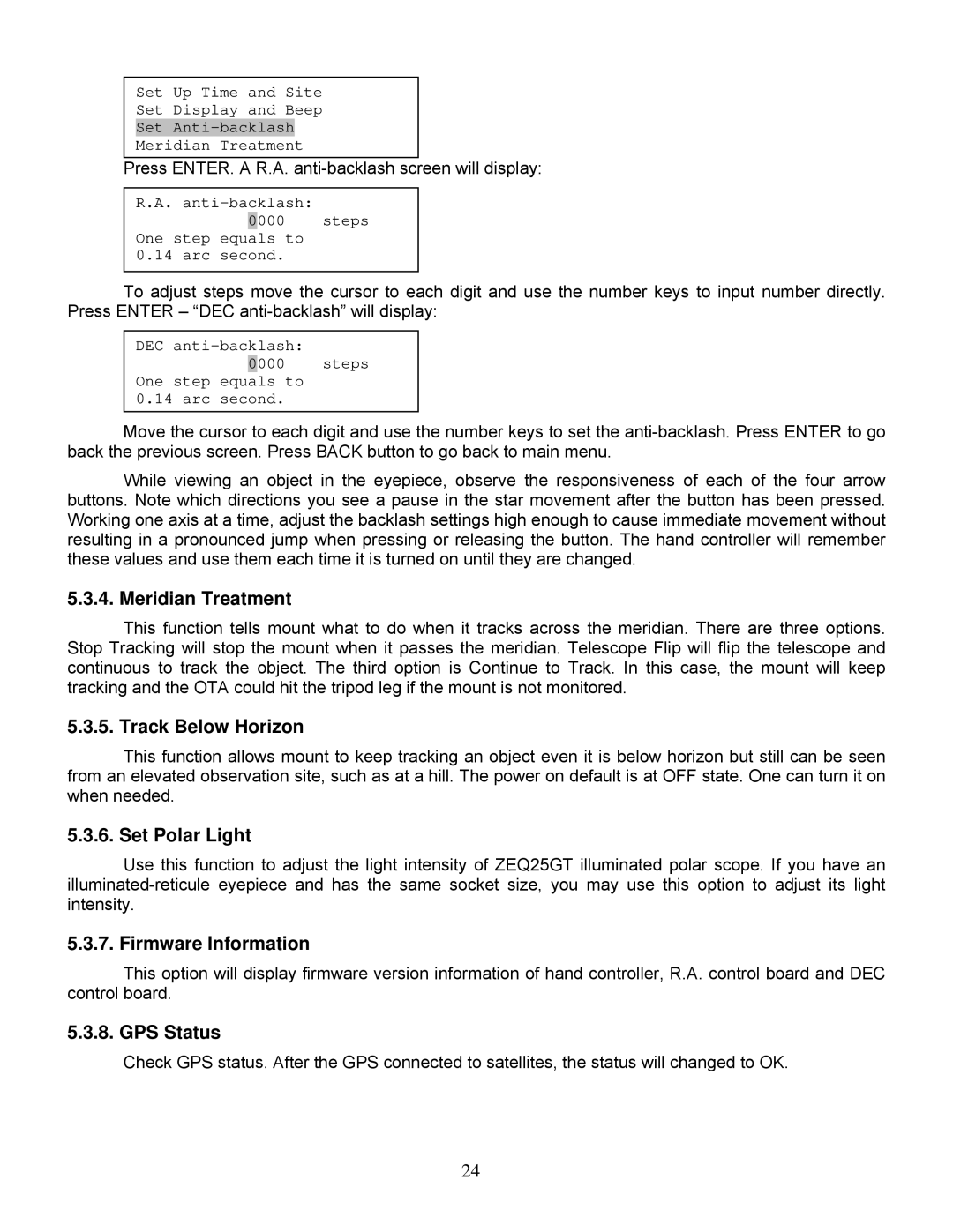 iOptron ZEQ25GT Meridian Treatment, Track Below Horizon, Set Polar Light, Firmware Information, GPS Status 