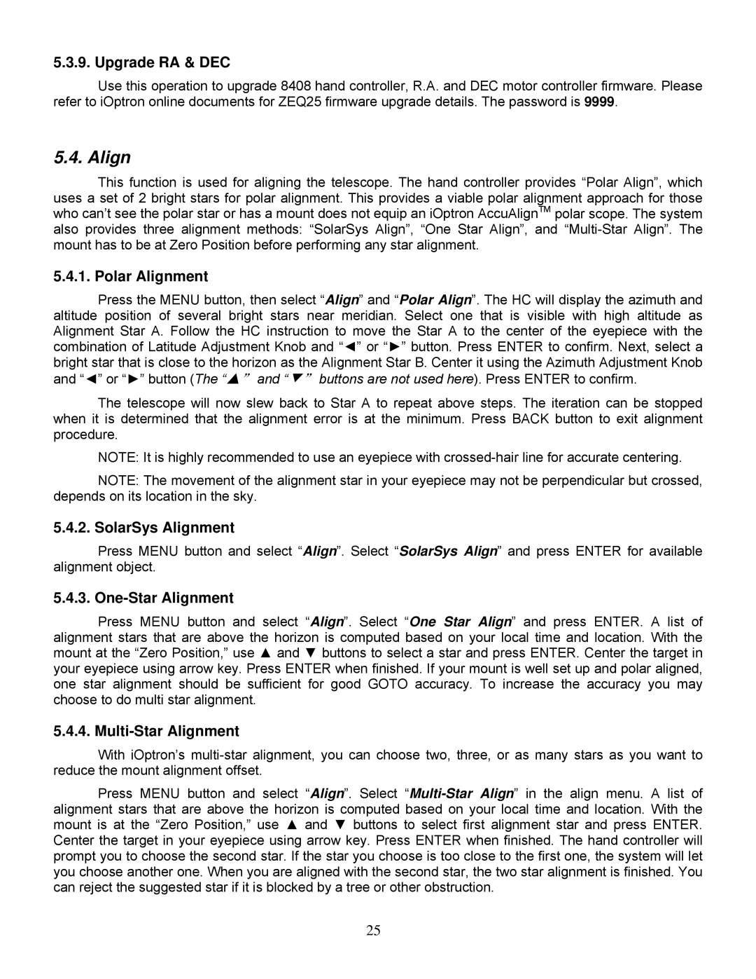 iOptron ZEQ25GT instruction manual Align 