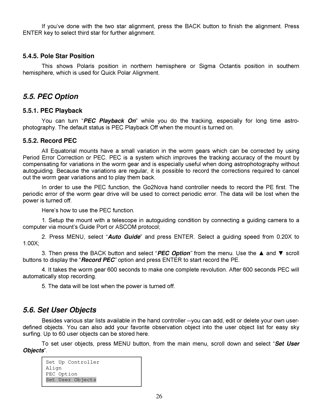 iOptron ZEQ25GT instruction manual PEC Option, Set User Objects, Pole Star Position, PEC Playback, Record PEC 