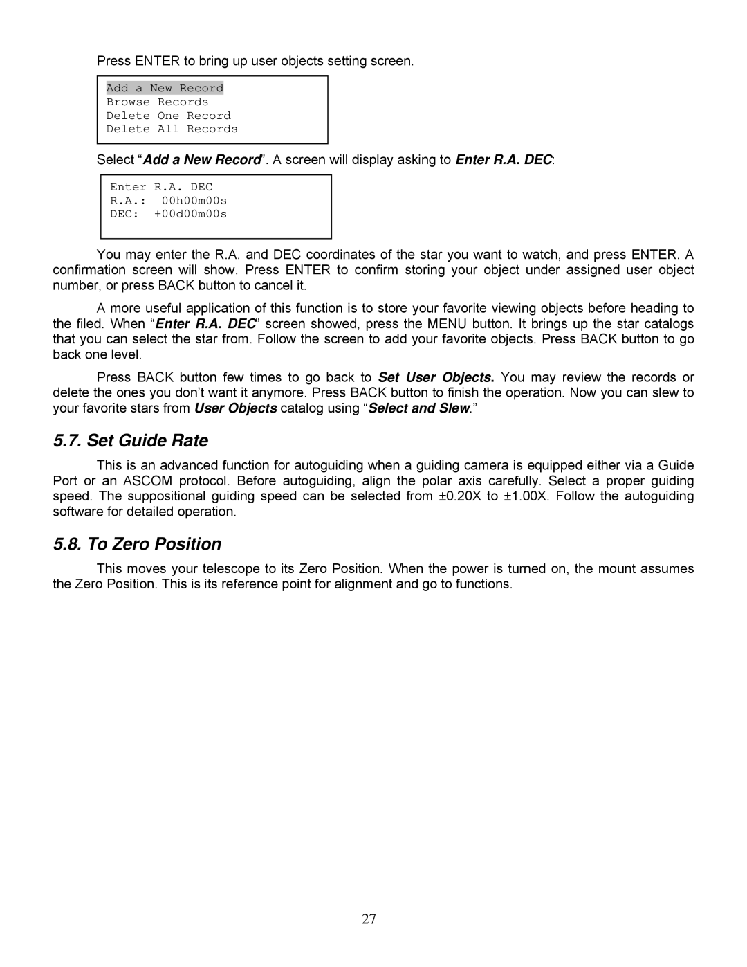 iOptron ZEQ25GT instruction manual Set Guide Rate, To Zero Position 