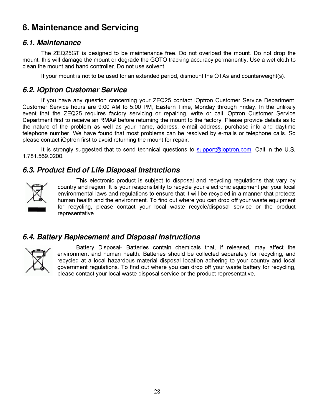 iOptron ZEQ25GT Maintenance and Servicing, IOptron Customer Service, Product End of Life Disposal Instructions 