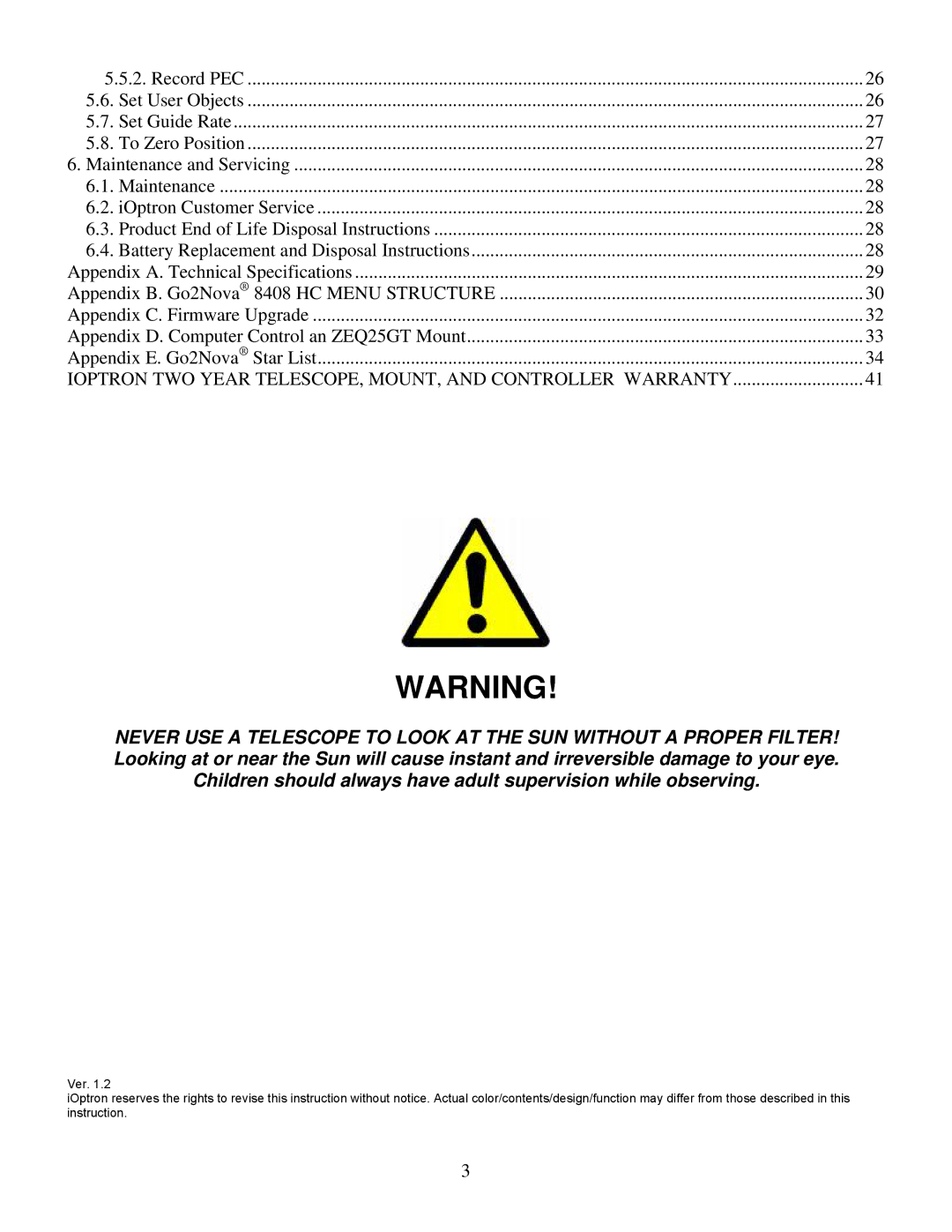 iOptron ZEQ25GT instruction manual Ioptron TWO Year TELESCOPE, MOUNT, and Controller Warranty 