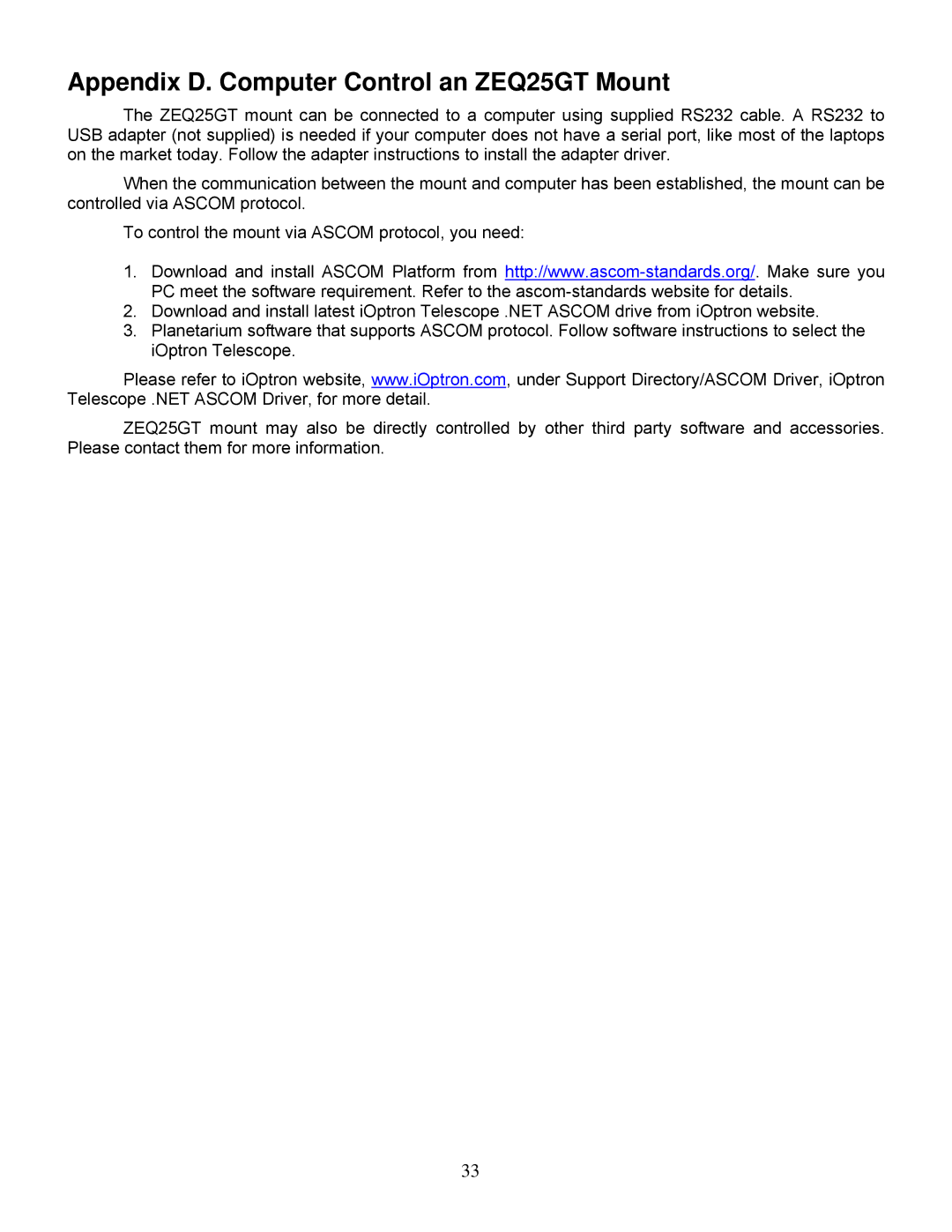 iOptron instruction manual Appendix D. Computer Control an ZEQ25GT Mount 