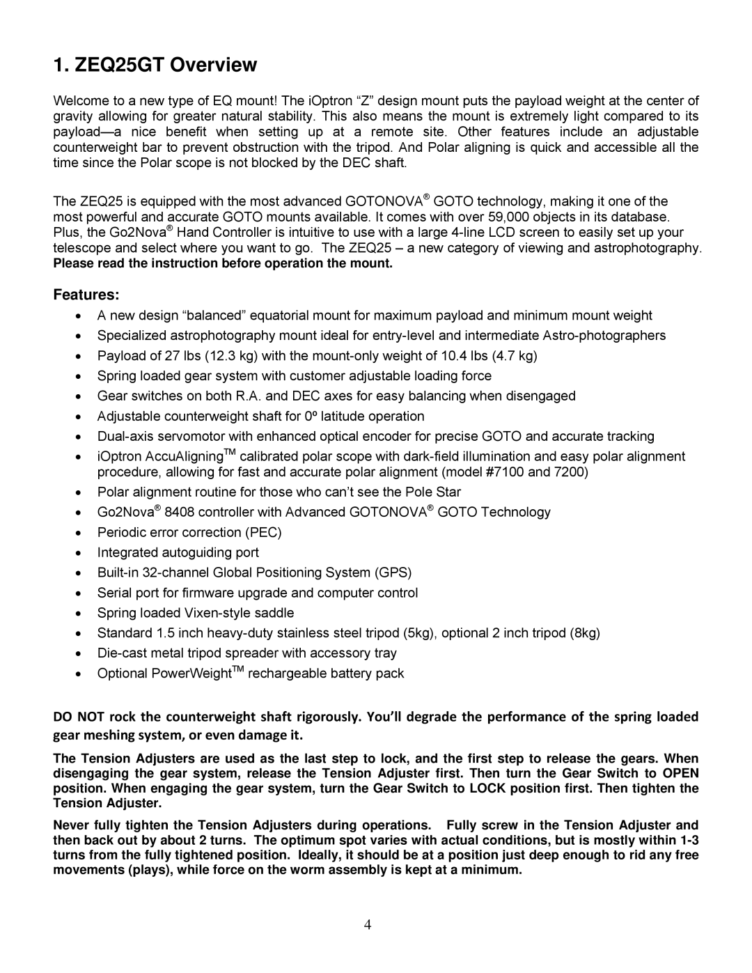 iOptron instruction manual ZEQ25GT Overview, Features 