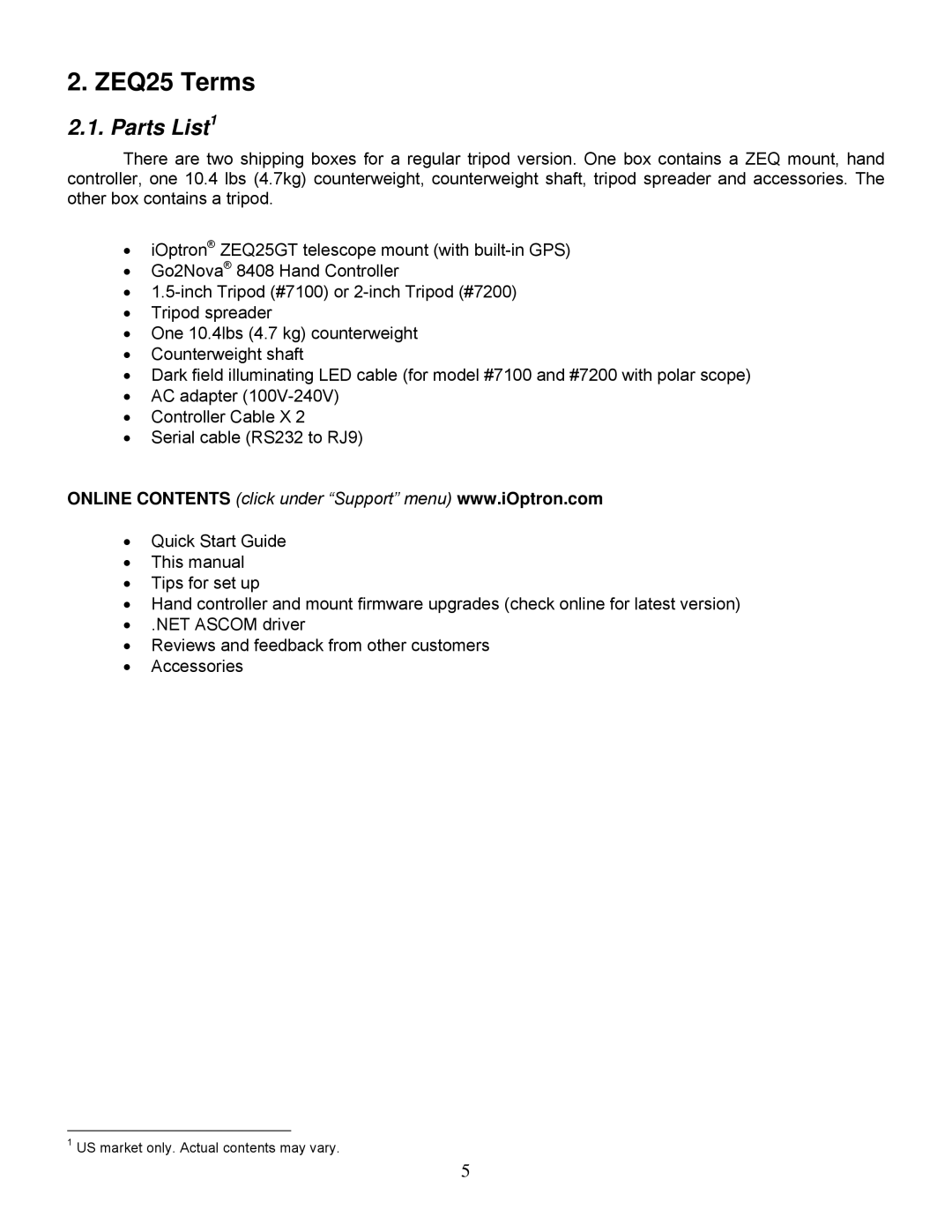 iOptron ZEQ25GT instruction manual ZEQ25 Terms, Parts List1 