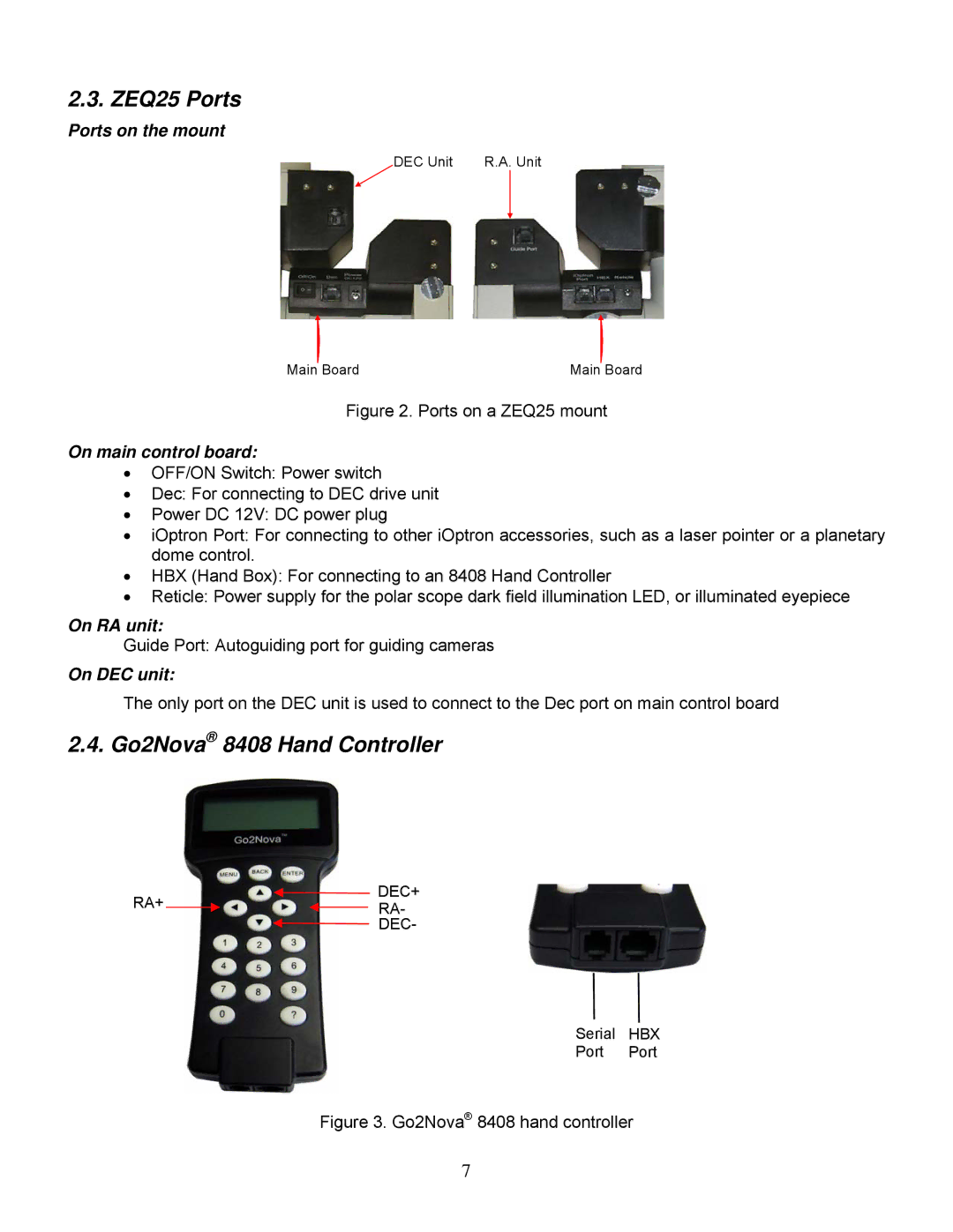 iOptron ZEQ25GT instruction manual ZEQ25 Ports, Go2Nova 8408 Hand Controller 