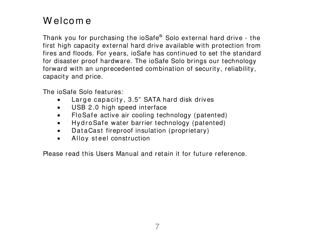 ioSafe Solo, 910-10841-00 user manual Welcome, ∙ Alloy steel construction 