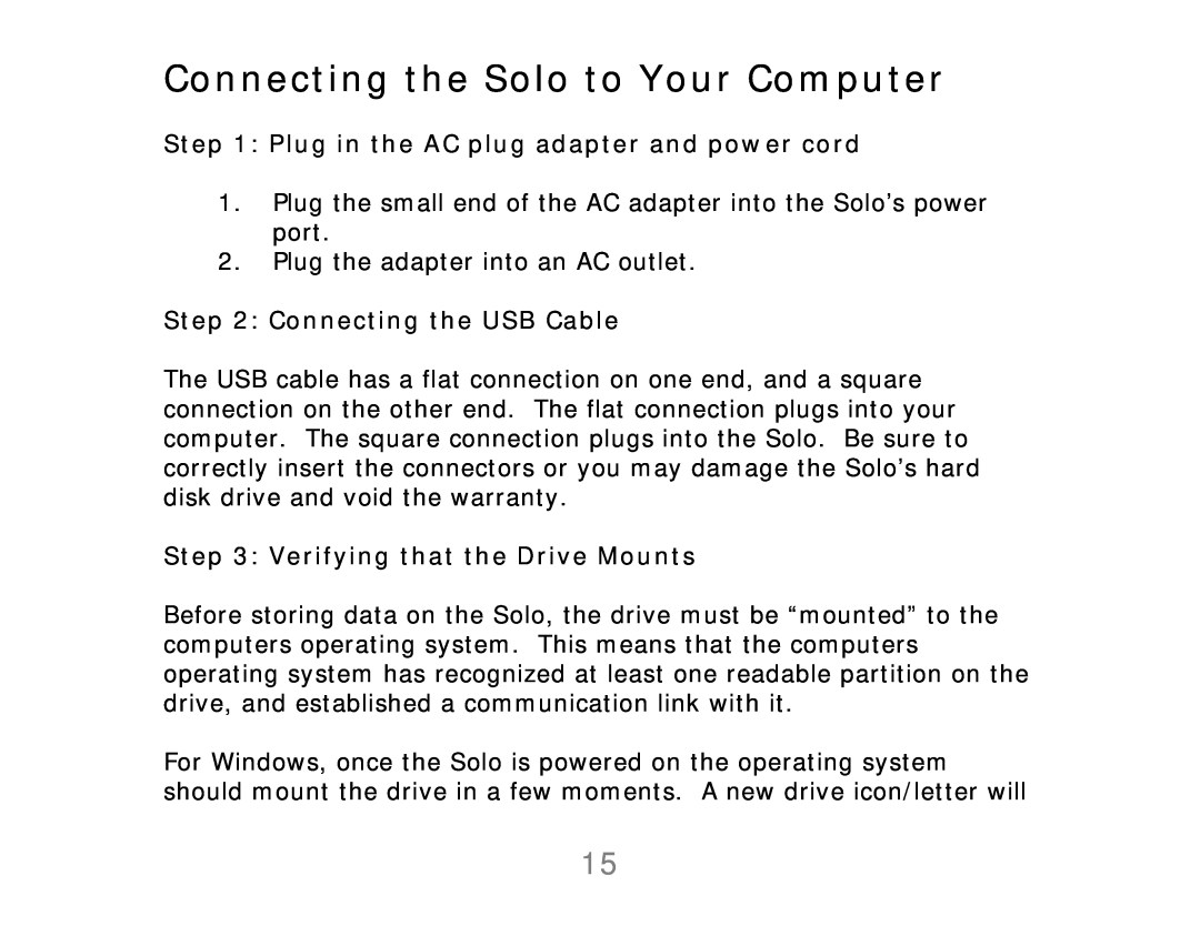 ioSafe Connecting the Solo to Your Computer, Plug in the AC plug adapter and power cord, Connecting the USB Cable 