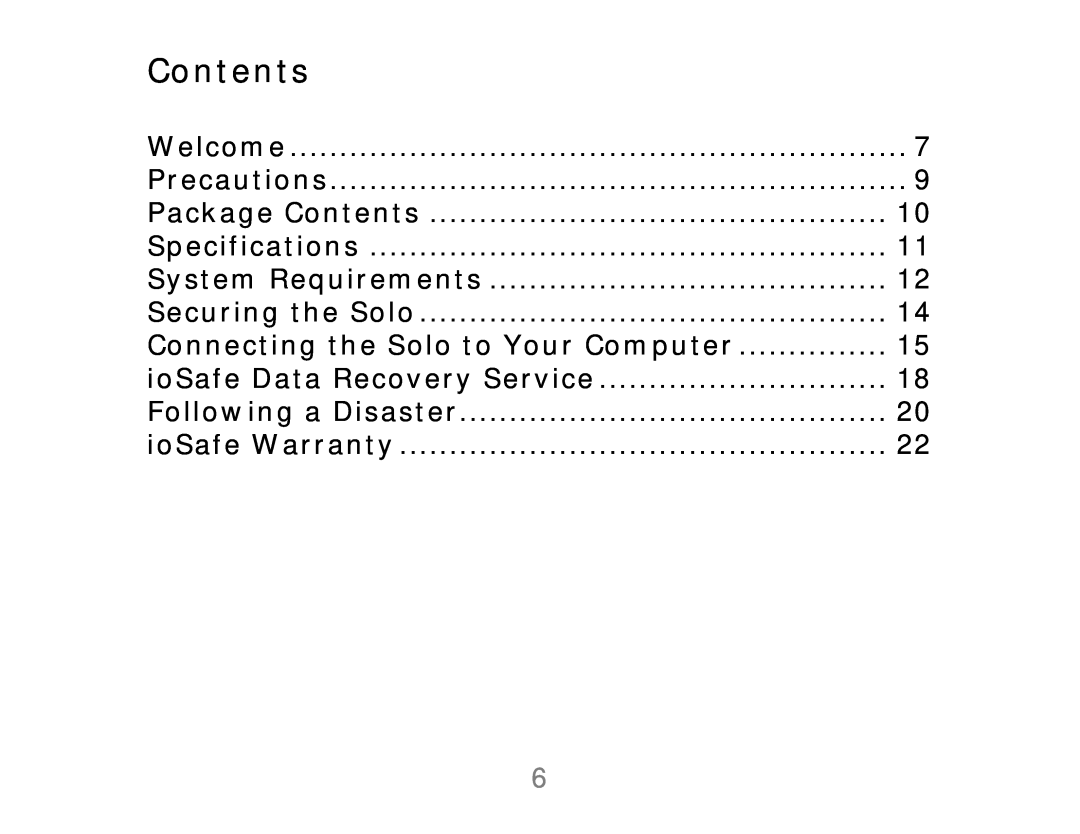 ioSafe 910-10841-00 Contents, Connecting the Solo to Your Computer, ioSafe Data Recovery Service, Welcome, Precautions 