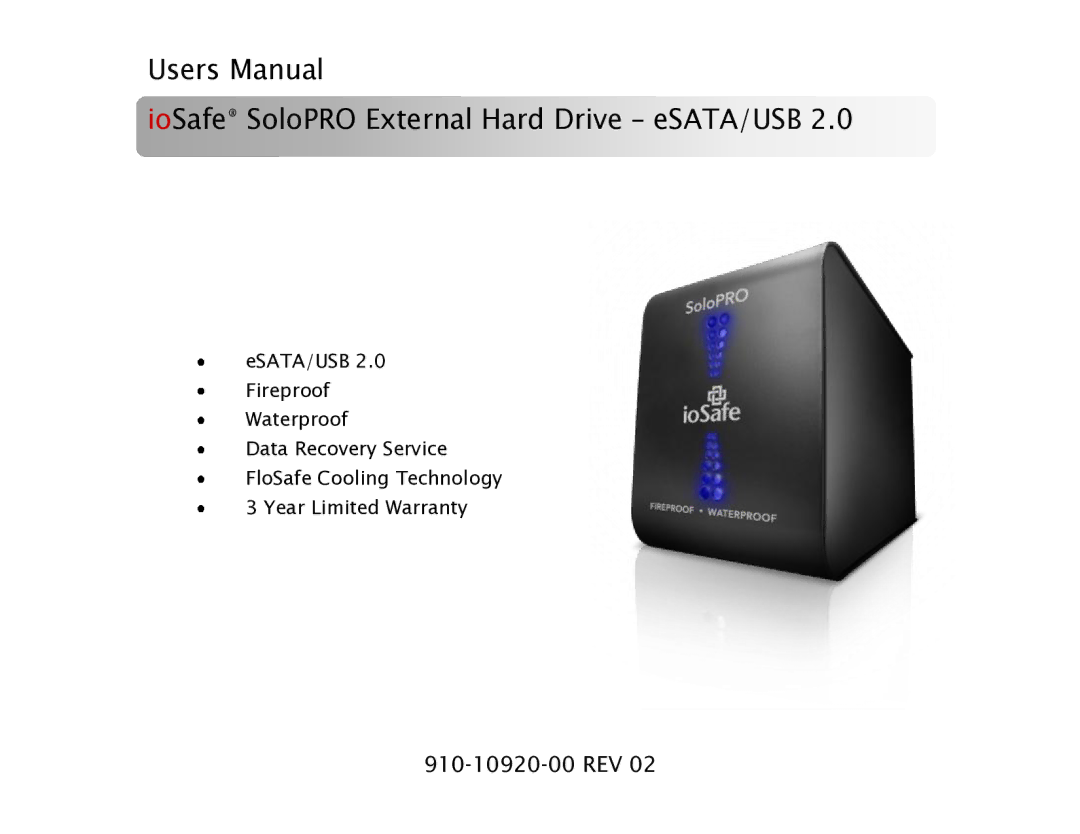 ioSafe eSATA/USB 2.0 user manual IoSafe SoloPRO External Hard Drive eSATA/USB 