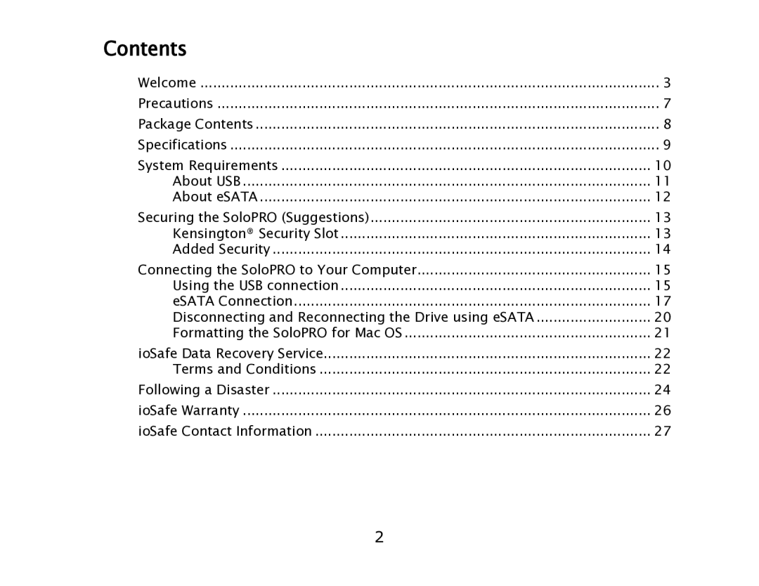 ioSafe eSATA/USB 2.0 user manual Contents 