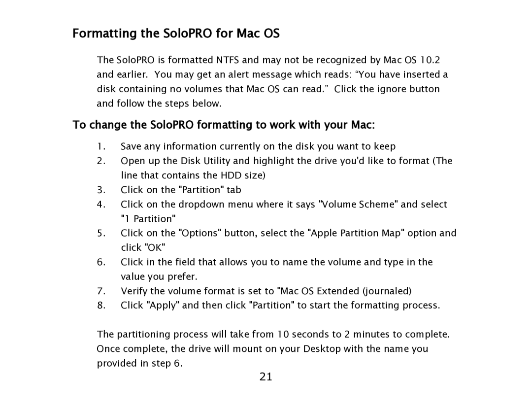 ioSafe eSATA/USB 2.0 user manual Formatting the SoloPRO for Mac OS, To change the SoloPRO formatting to work with your Mac 