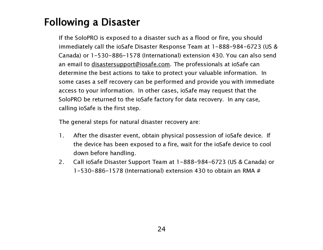 ioSafe eSATA/USB 2.0 user manual Following a Disaster 