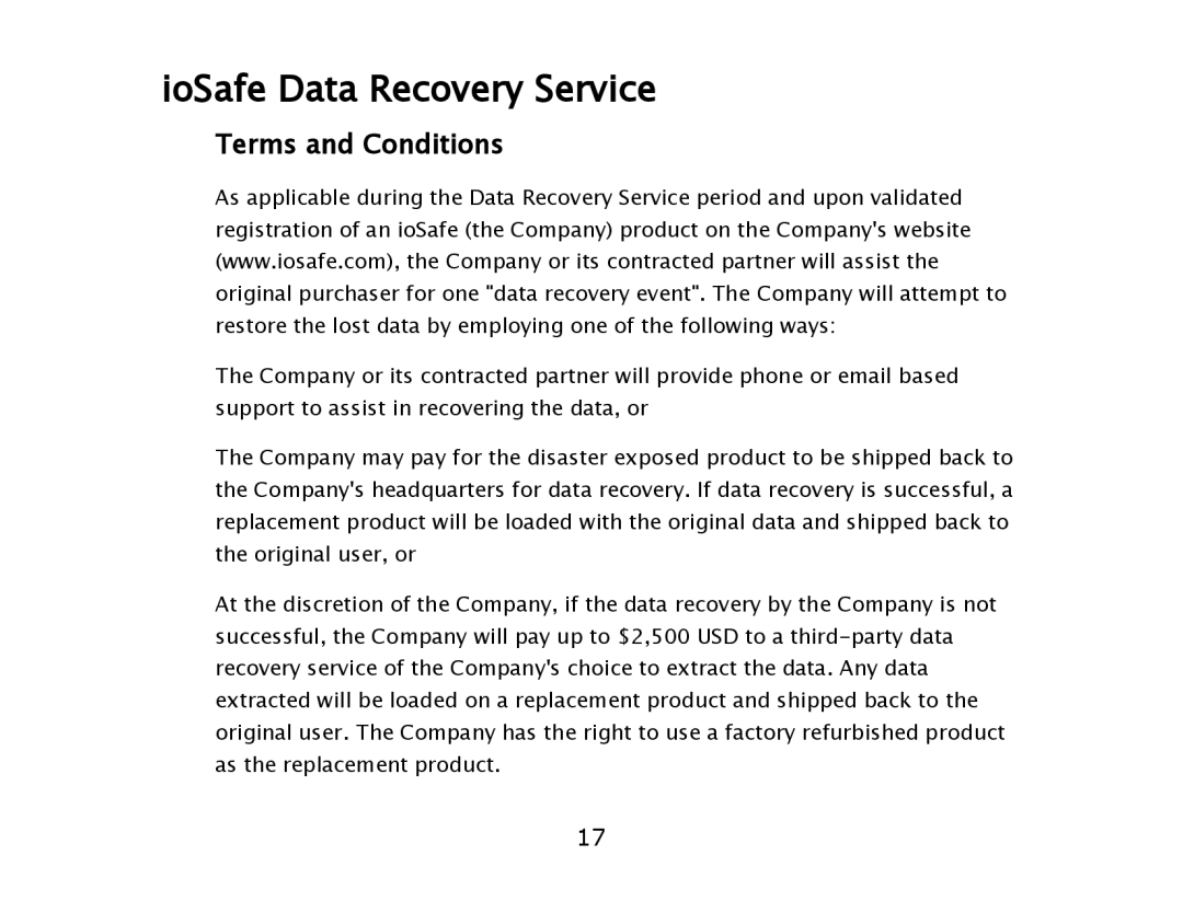 ioSafe USB 3.0 user manual IoSafe Data Recovery Service, Terms and Conditions 