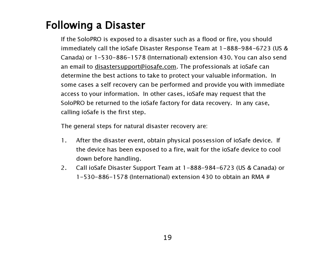 ioSafe USB 3.0 user manual Following a Disaster 