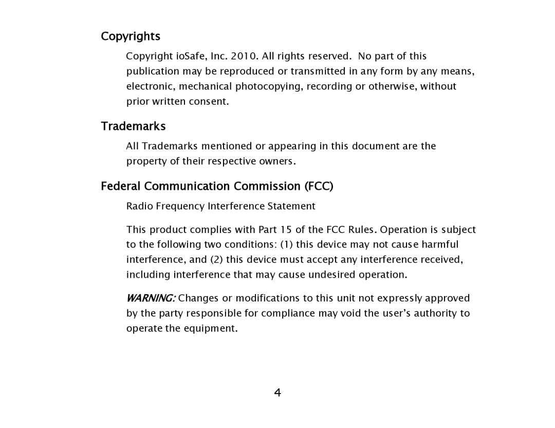 ioSafe USB 3.0 user manual Copyrights, Trademarks, Federal Communication Commission FCC 