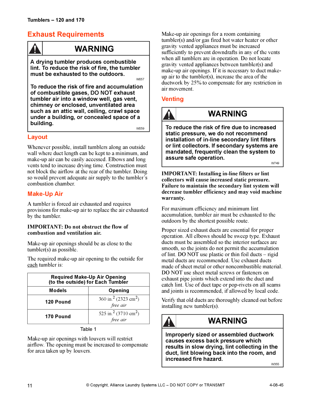 IPSO 170, 120 installation manual Exhaust Requirements, Layout, Make-Up Air, Venting 