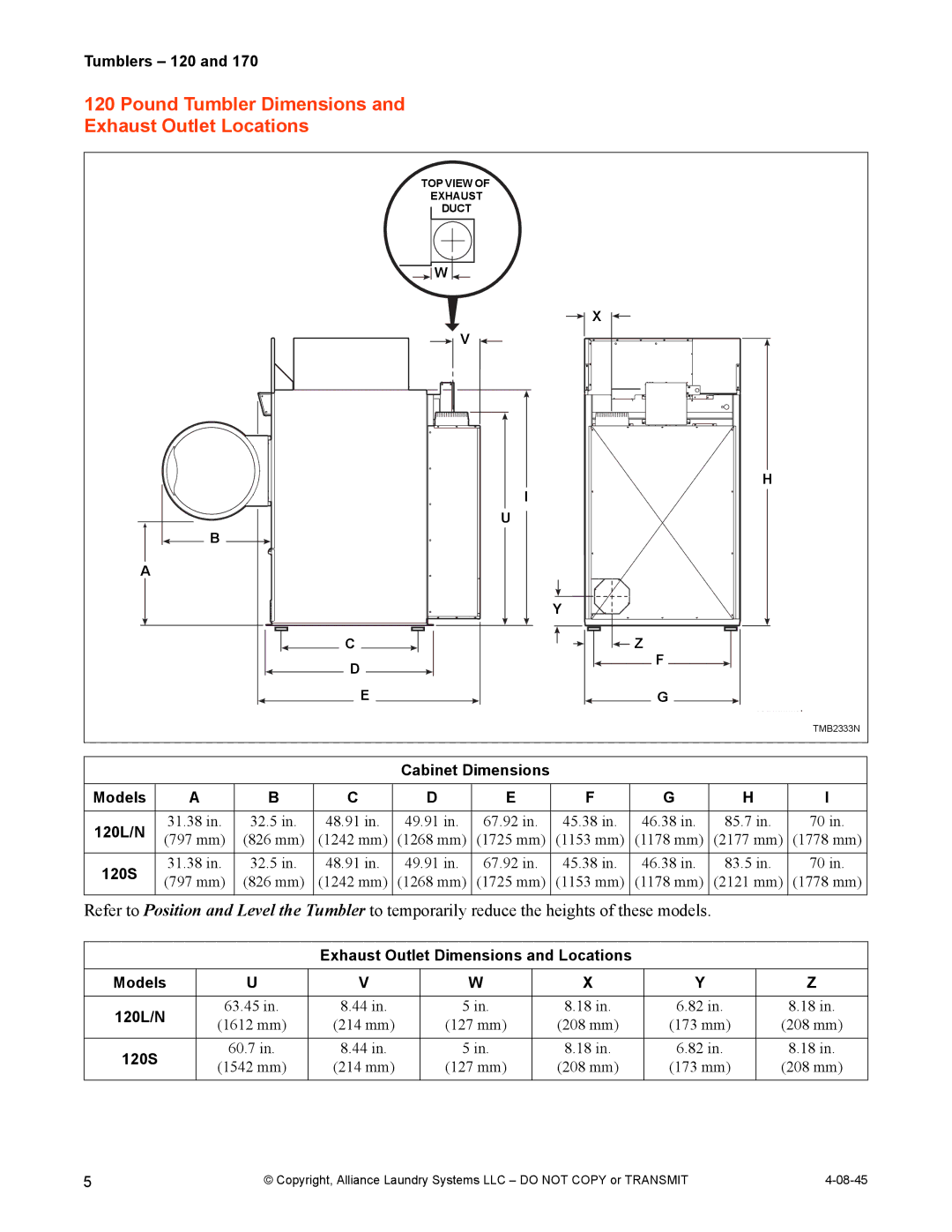 IPSO 170 installation manual Pound Tumbler Dimensions Exhaust Outlet Locations, Cabinet Dimensions Models 120L/N, 120S 