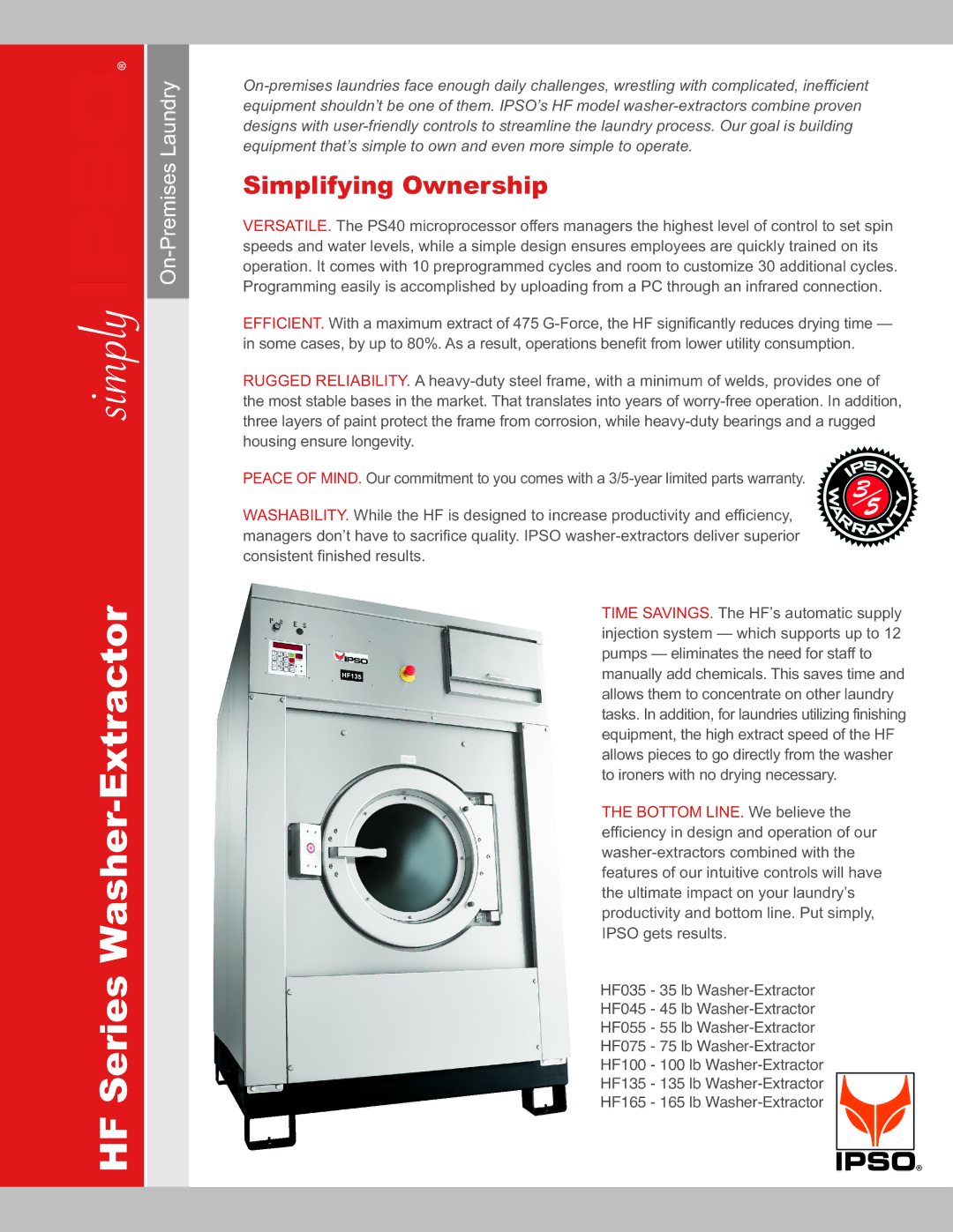 IPSO HF100, HF165, HF075, HF055, HF045, HF035, HF135 warranty Simplifying Ownership, On-Premises Laundry 