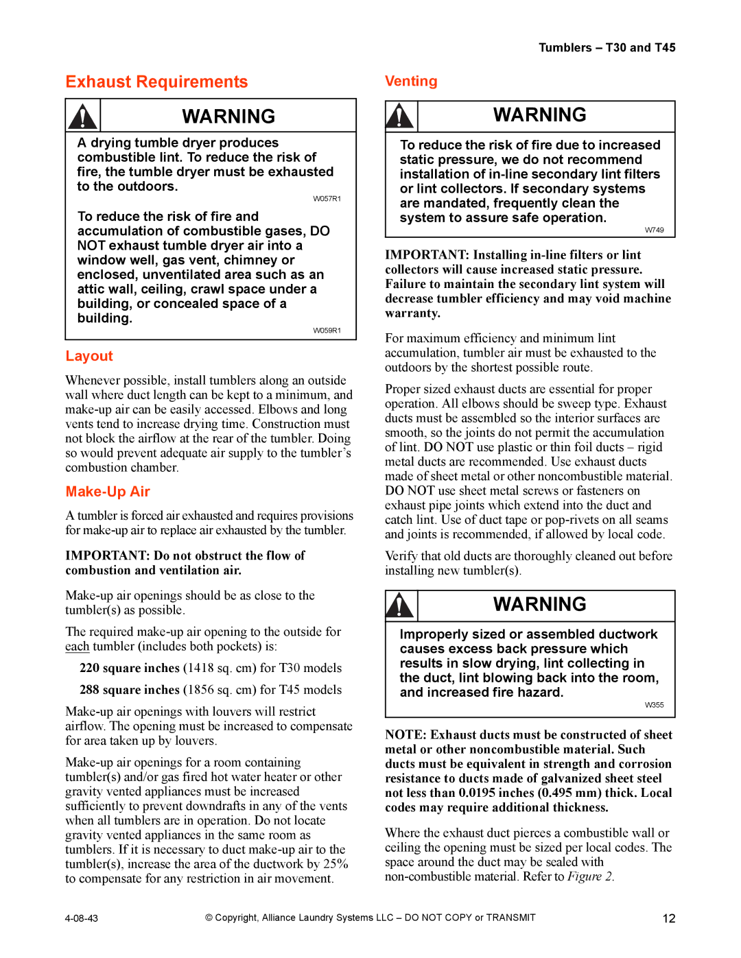 IPSO T30, T45 installation manual Exhaust Requirements, Layout, Make-Up Air, Venting 