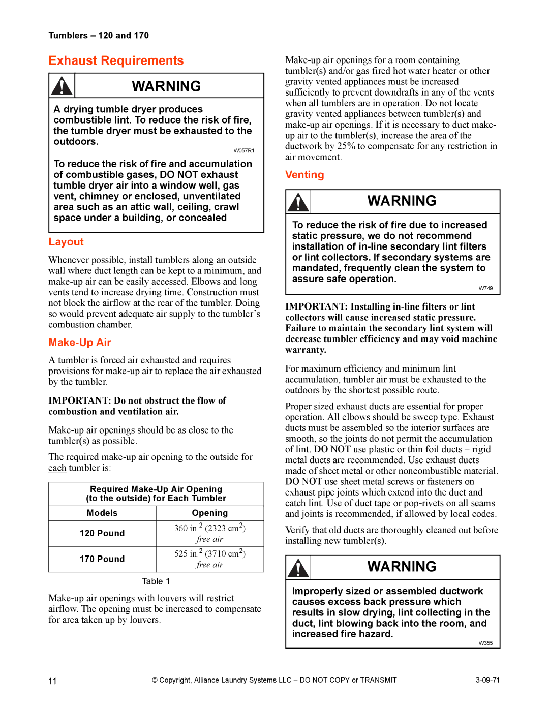 IPSO TMB1268C installation manual Exhaust Requirements, Layout, Make-Up Air, Venting 