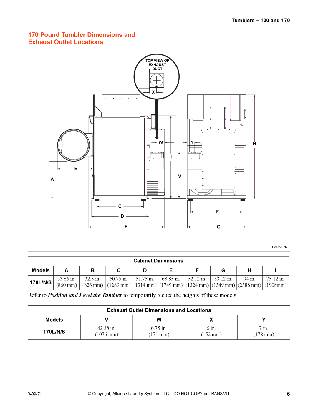 IPSO TMB1268C installation manual Pound Tumbler Dimensions Exhaust Outlet Locations, Cabinet Dimensions Models 170L/N/S 