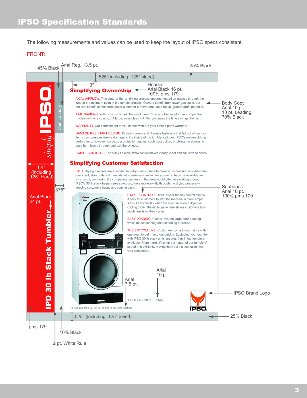 IPSO Washer manual Ipso Specification Standards, Front 