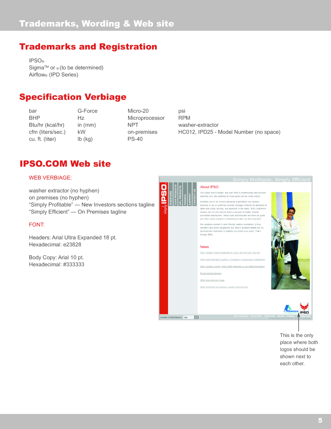 IPSO Washer manual Trademarks, Wording & Web site, Trademarks and Registration, Specification Verbiage, WEB Verbiage, Font 