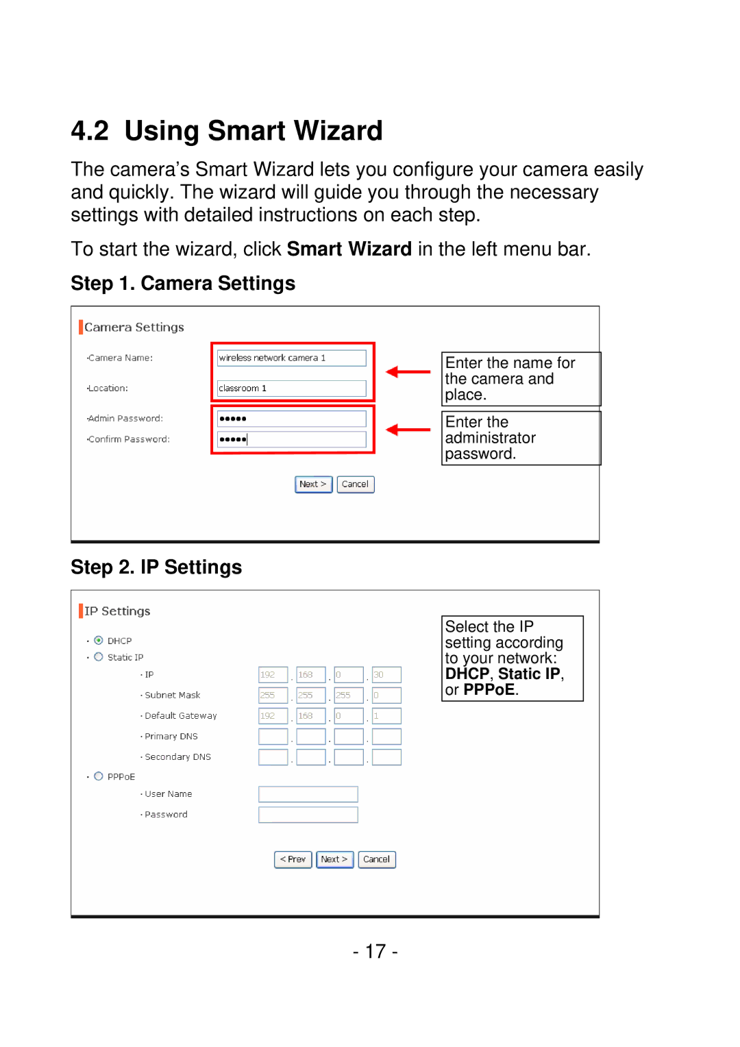 IPUX CS101A manual Using Smart Wizard, Camera Settings, IP Settings 