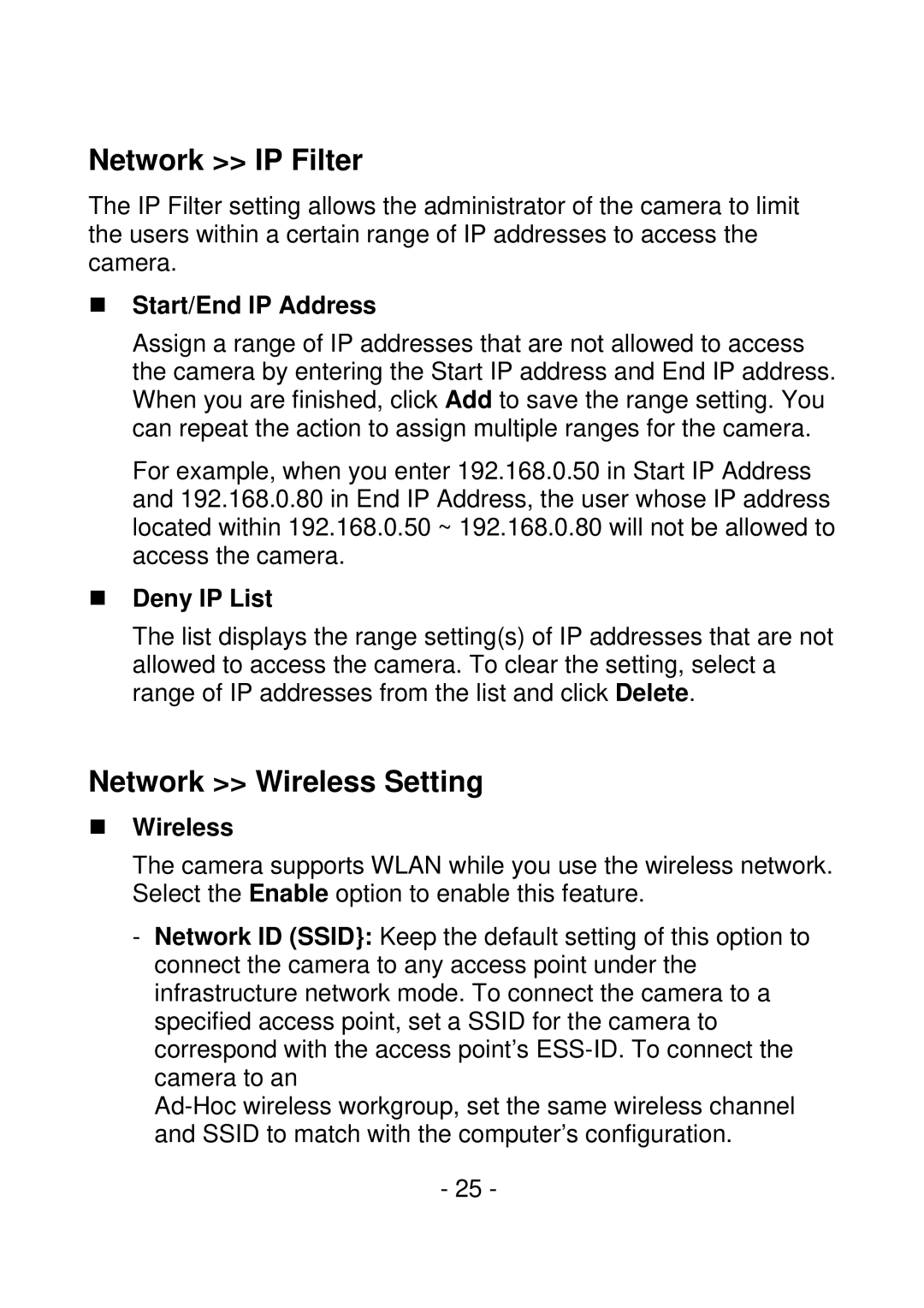 IPUX CS101A manual Network IP Filter, Network Wireless Setting, „ Start/End IP Address, „ Deny IP List, „ Wireless 