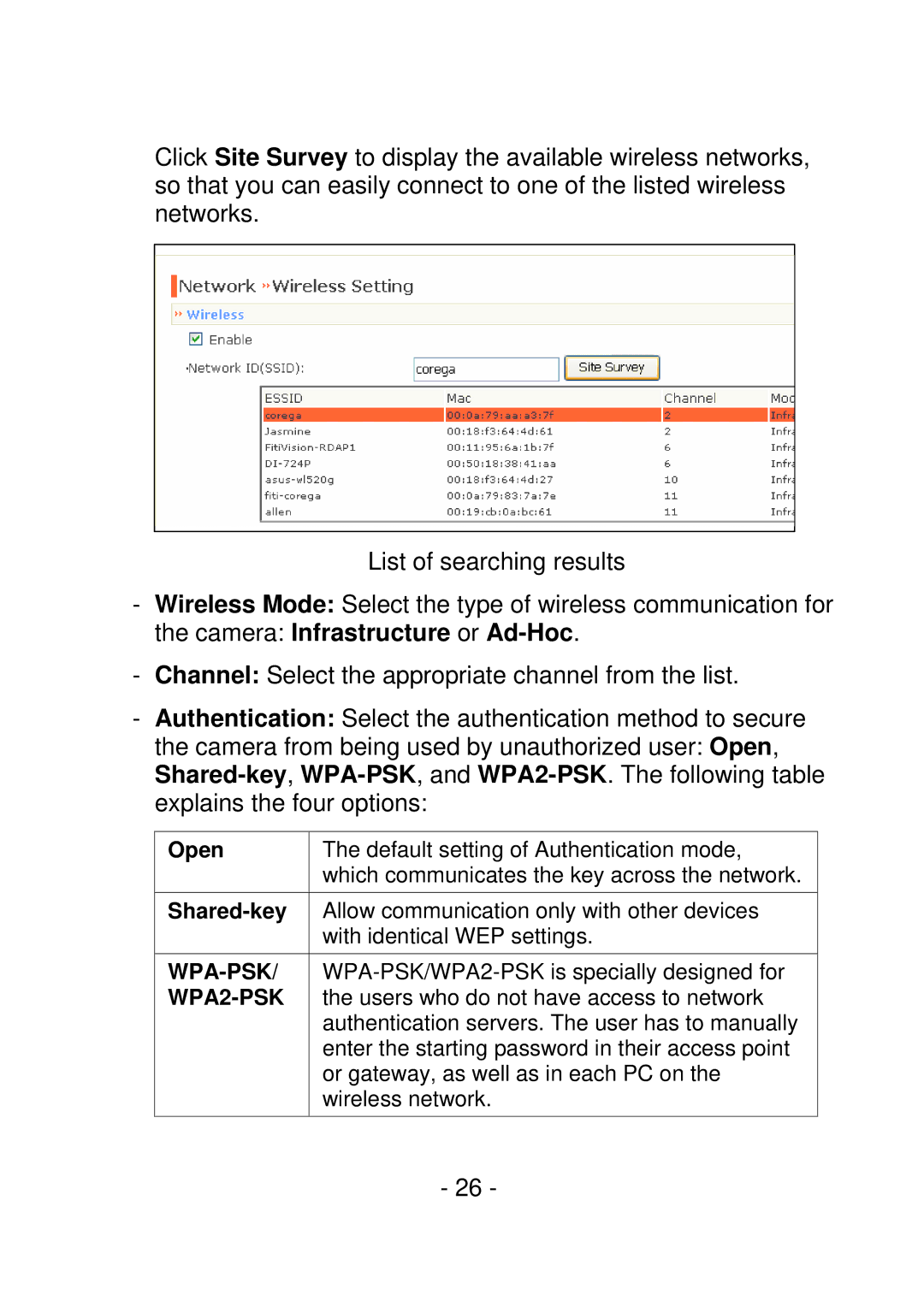 IPUX CS101A manual Camera Infrastructure or Ad-Hoc, Open, Shared-key, Wpa-Psk, WPA2-PSK 