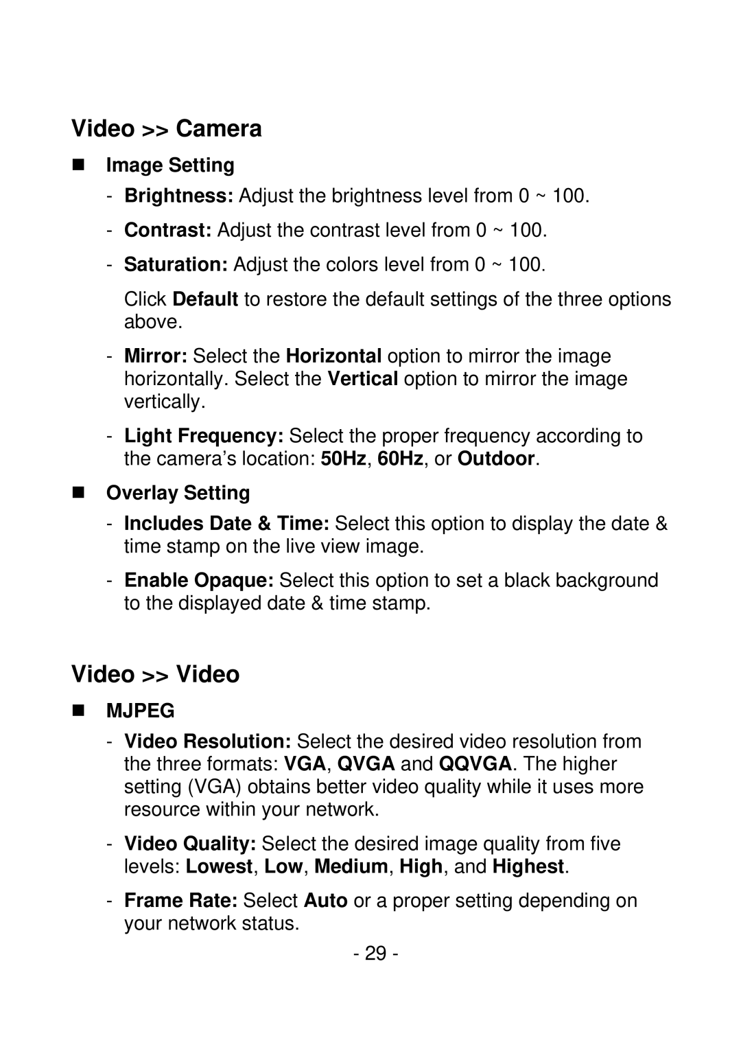 IPUX CS101A Video Camera, Video Video, „ Image Setting, „ Overlay Setting, Levels Lowest, Low, Medium, High, and Highest 