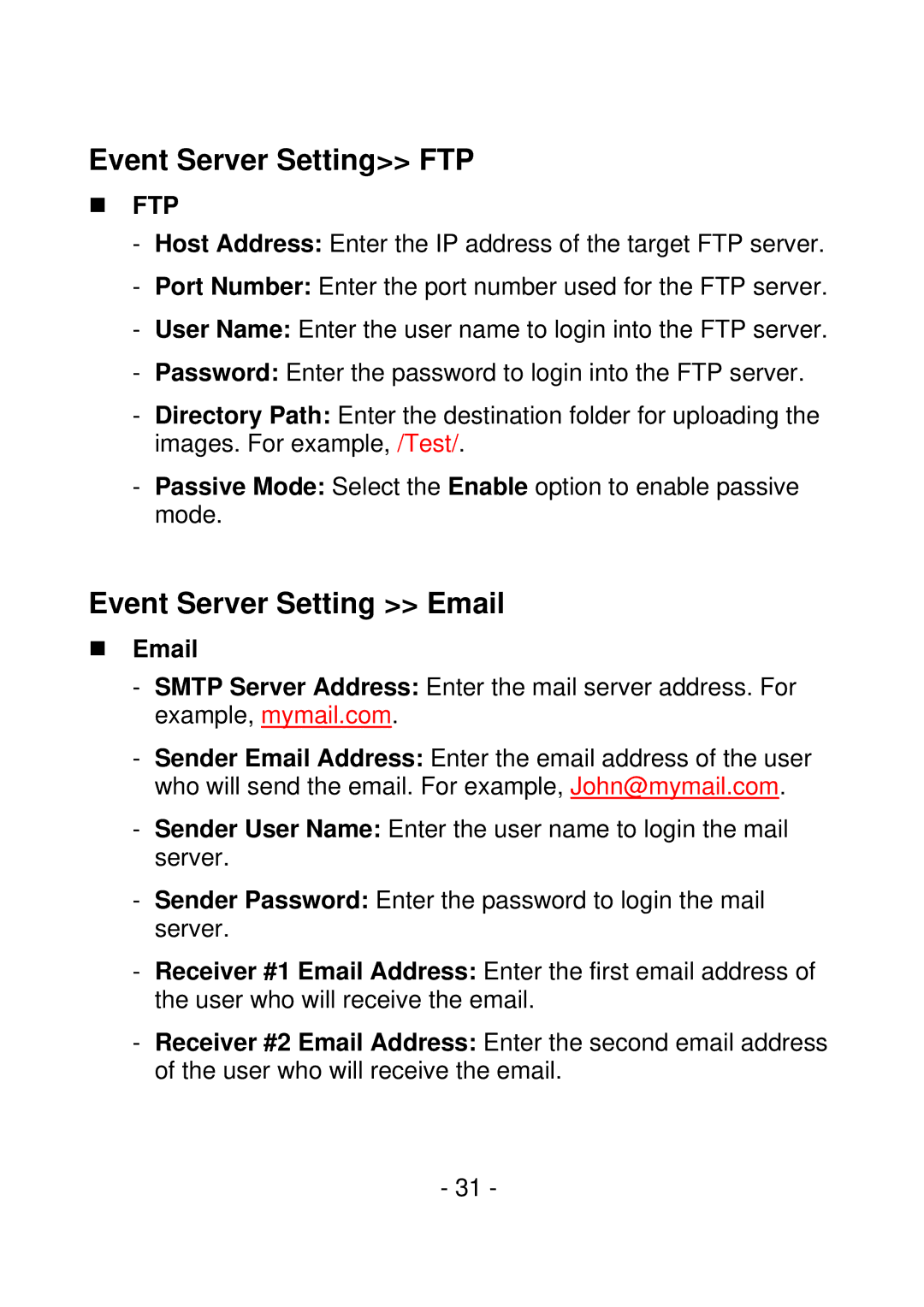 IPUX CS101A manual Event Server Setting FTP, Event Server Setting Email, „ Email 