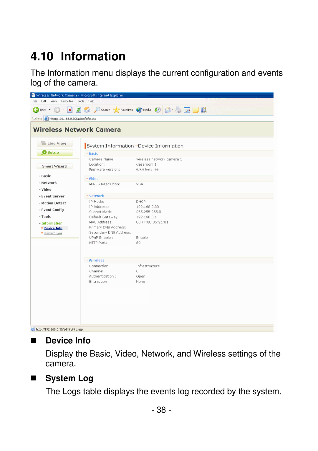 IPUX CS101A manual Information, „ Device Info, „ System Log 