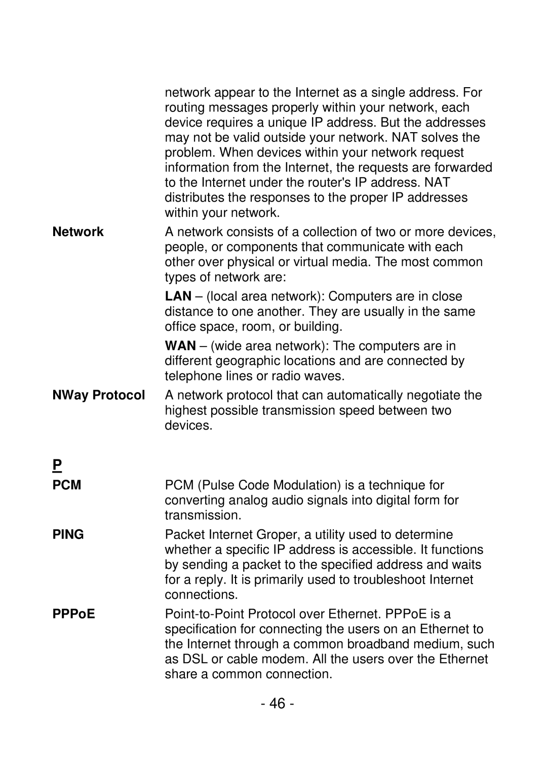 IPUX CS101A manual NWay Protocol, Pcm, Ping, PPPoE 