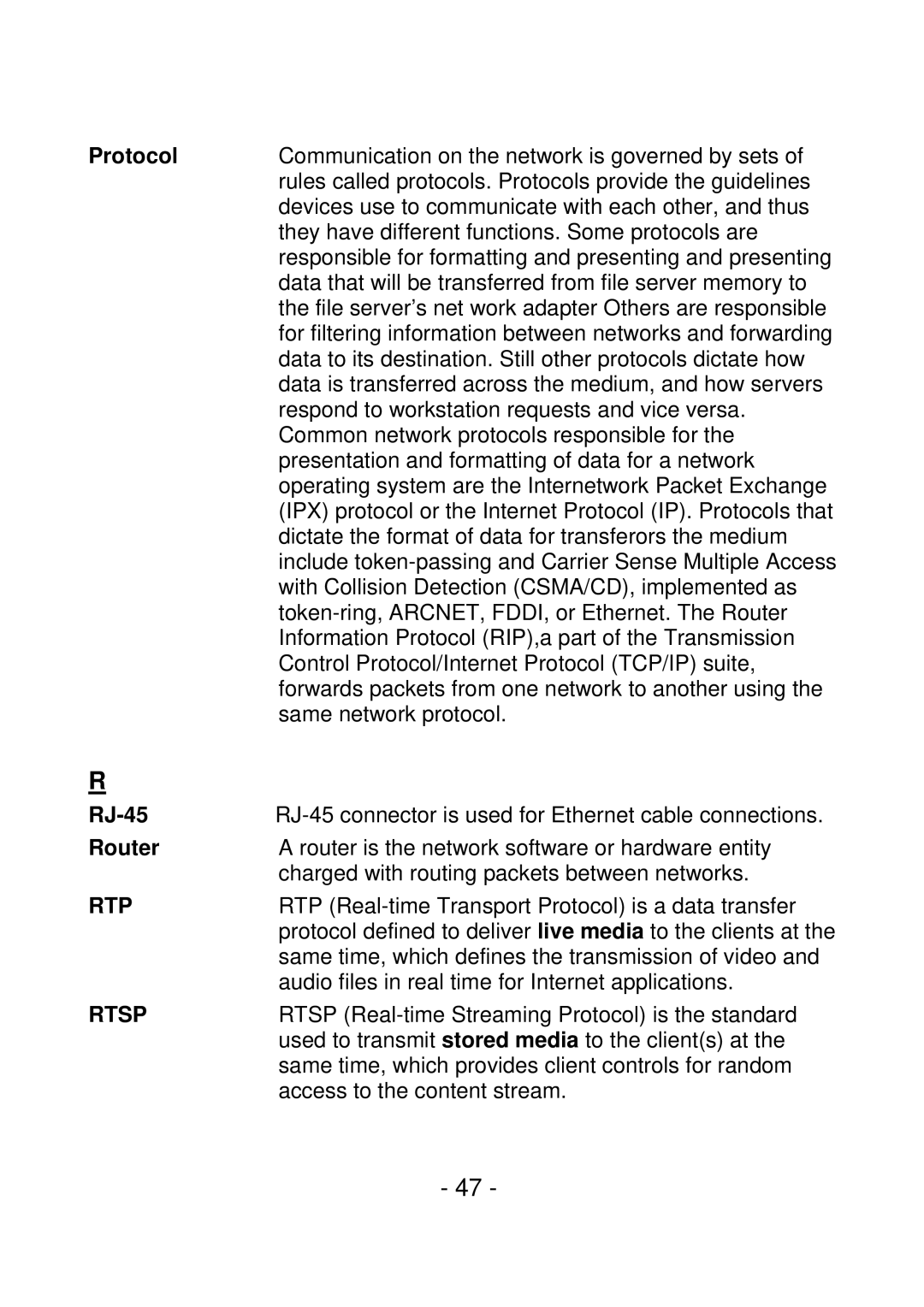 IPUX CS101A manual Protocol, RJ-45, Router, Rtp, Rtsp 