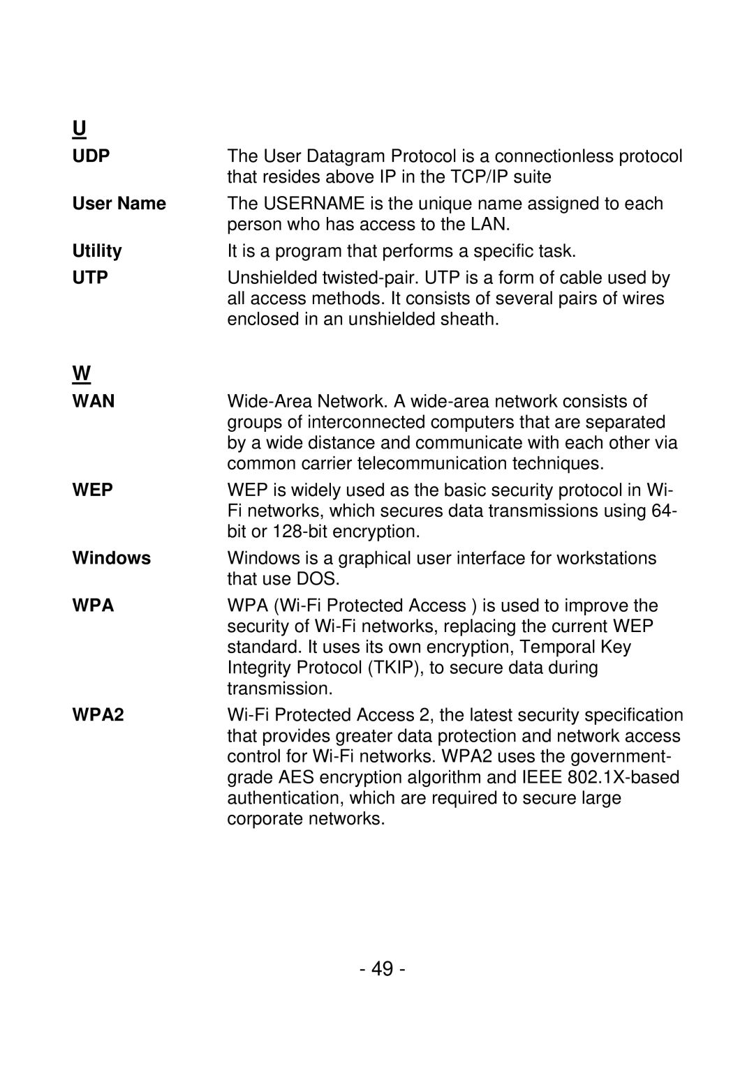 IPUX CS101A manual Udp, Utp, Wan, Wep, Wpa, WPA2 