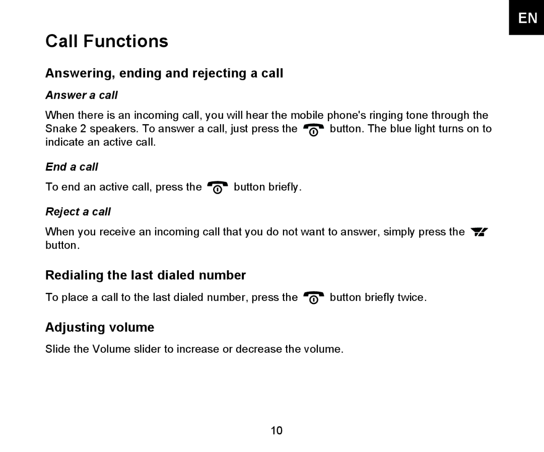 Iqua 2 manual Call Functions, Answering, ending and rejecting a call, Redialing the last dialed number, Adjusting volume 