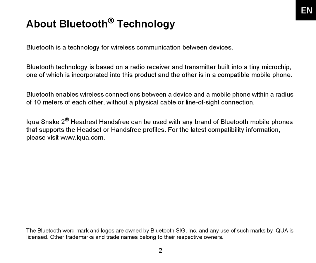 Iqua 2 manual About Bluetooth Technology 