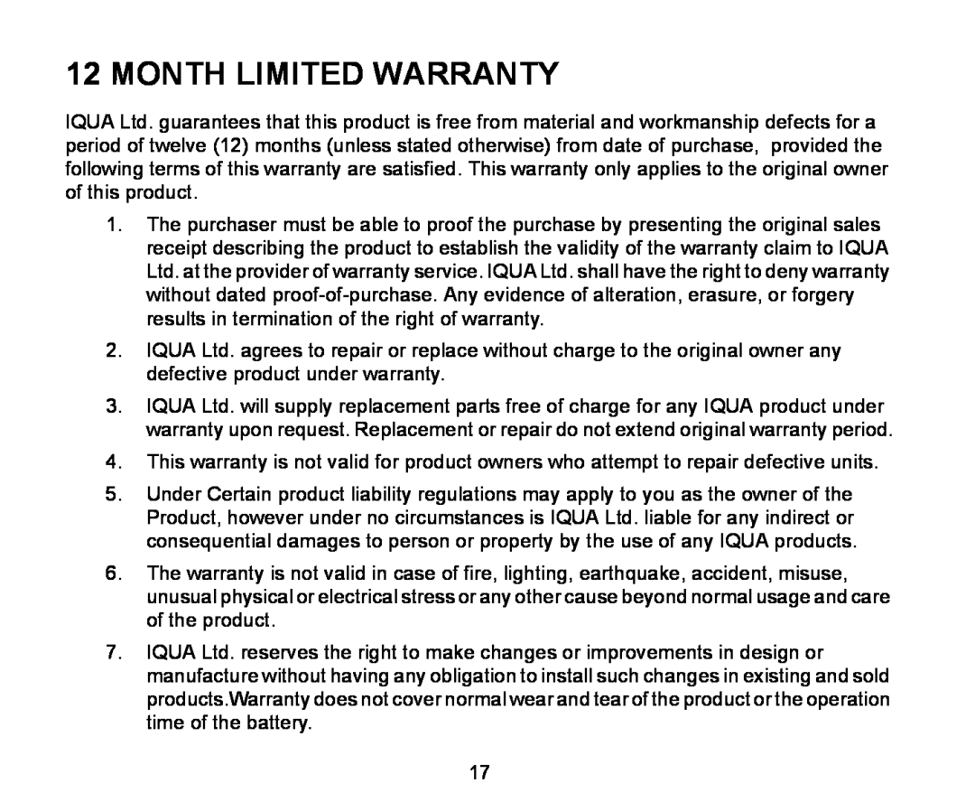 Iqua 2 manual Month Limited Warranty 