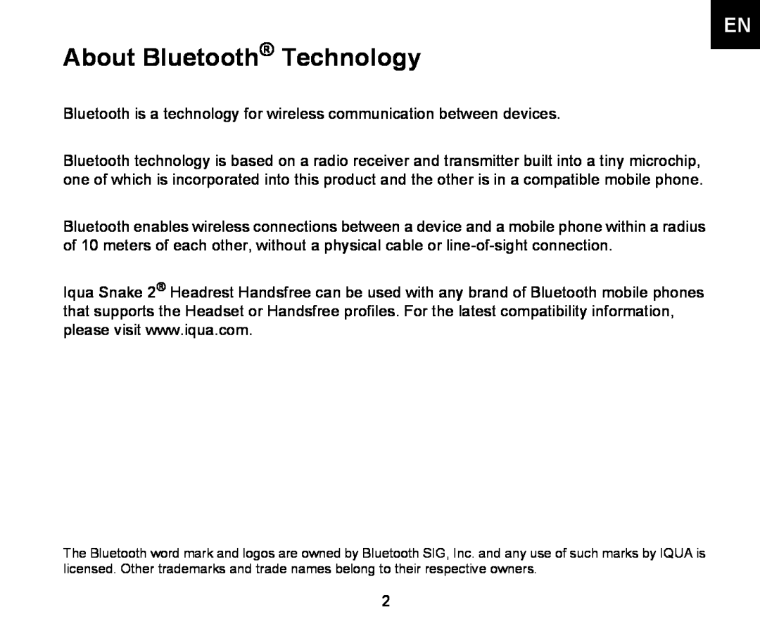 Iqua 2 manual About Bluetooth Technology 