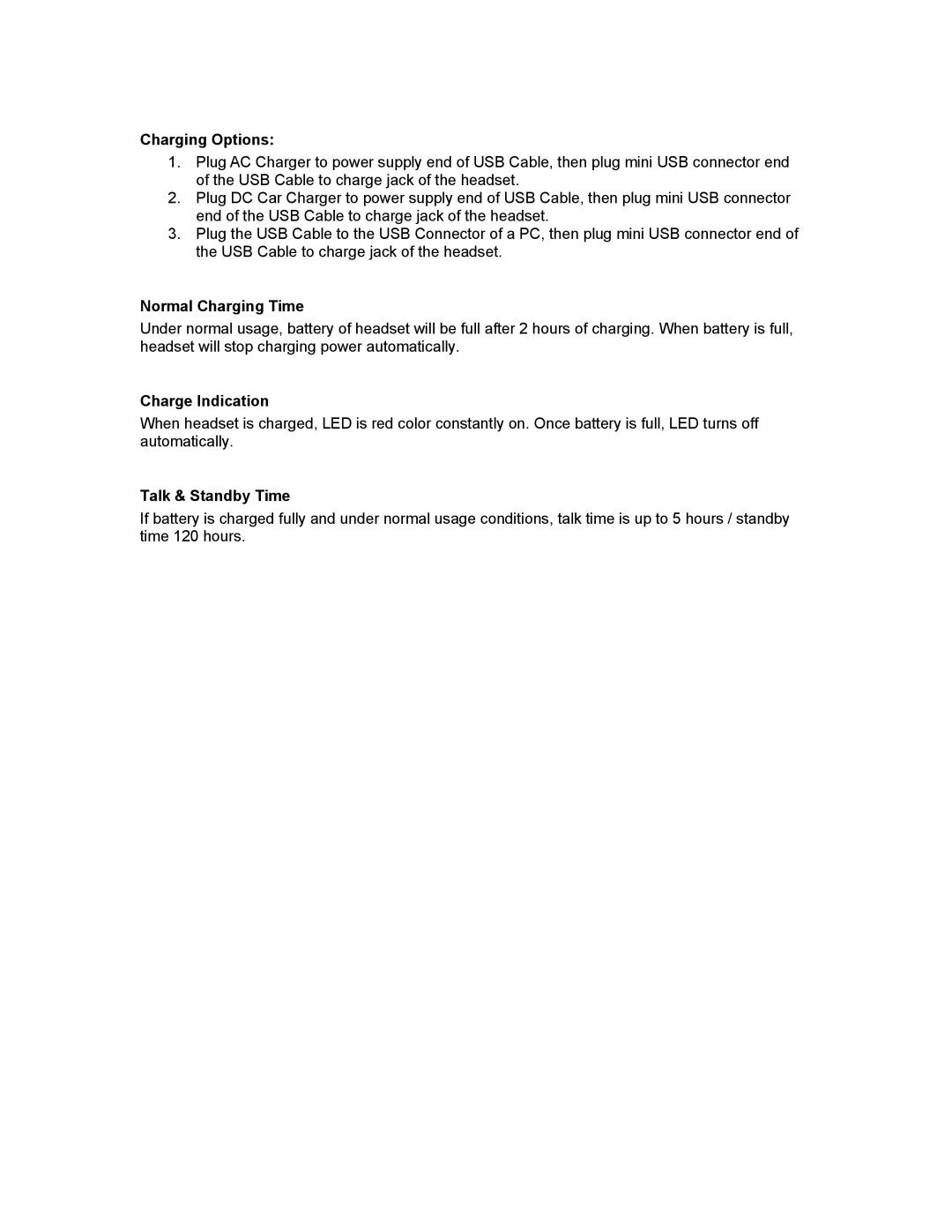 Iqua BHS - 601 manual Charging Options, Normal Charging Time, Charge Indication, Talk & Standby Time 