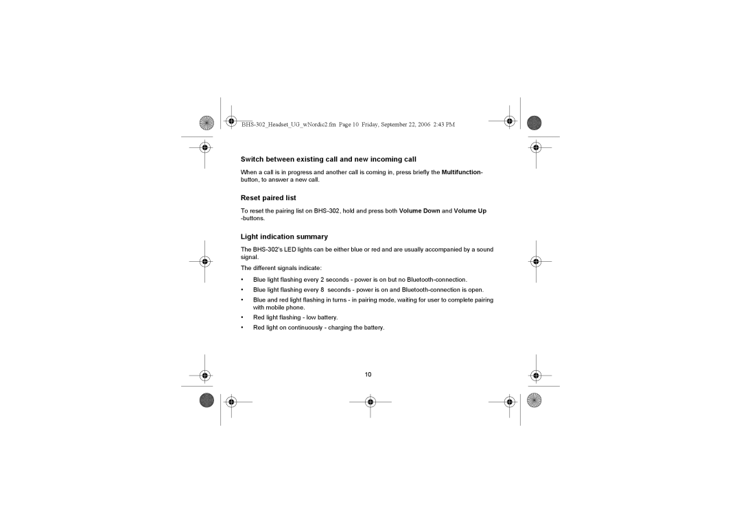 Iqua BHS-302 manual Switch between existing call and new incoming call, Reset paired list, Light indication summary 